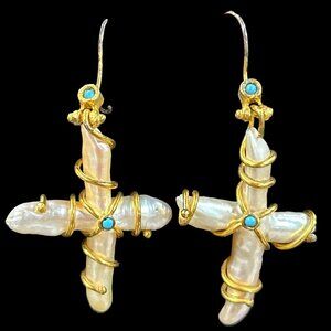 Mother of Pearl Dangle Earrings Turquoise Stones Handwired Distressed Look New